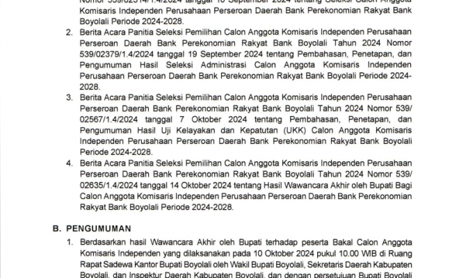 PENGUMUMAN HASIL WAWNCARA AKHIR DENGAN BUPATI BOYOLALI BAGI CALON ANGGOTA KOMISARIS INDEPENDEN PERSERODA BPR BANK BOYOLALI PER 2024-2028